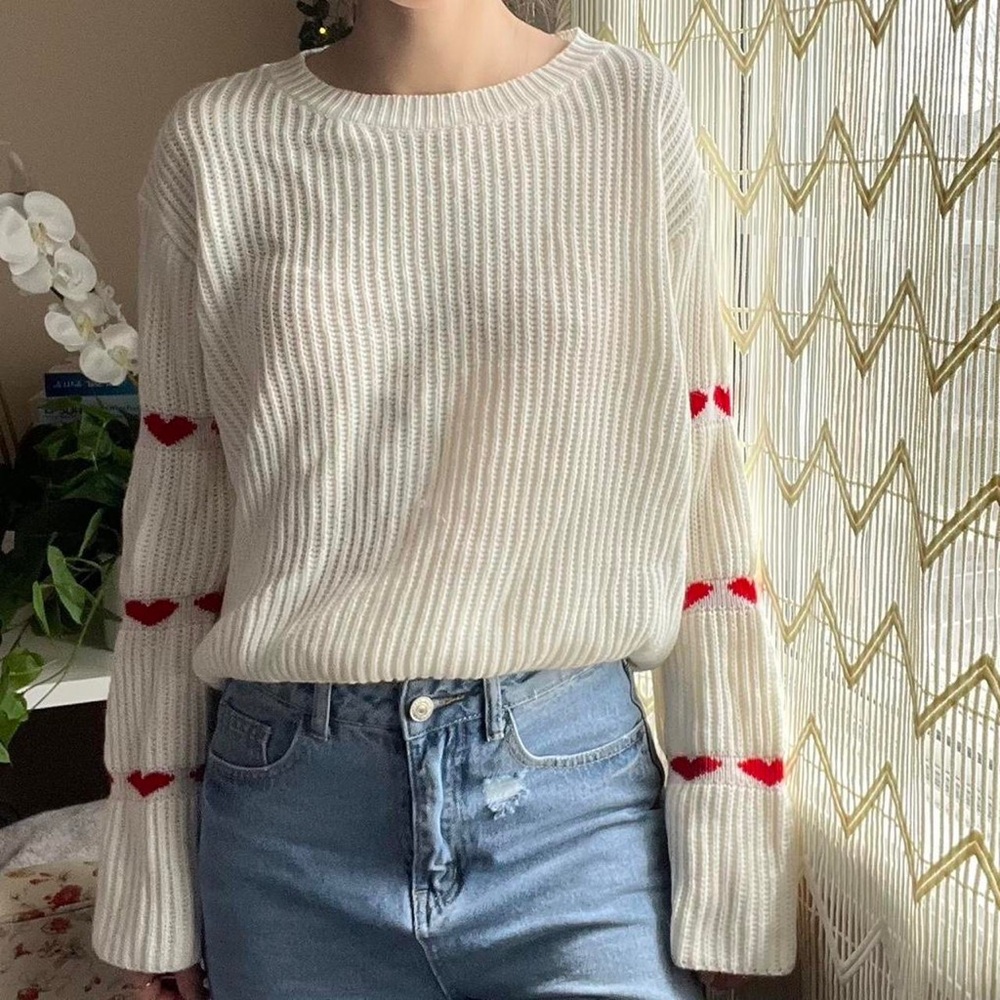 White Red Heart Sleeve Sweater